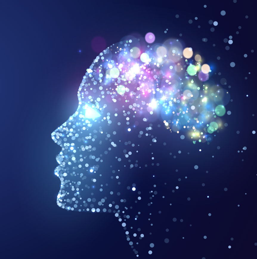 Silhouette of a human head filled with glowing, colorful lights representing brain activity and neural connections.