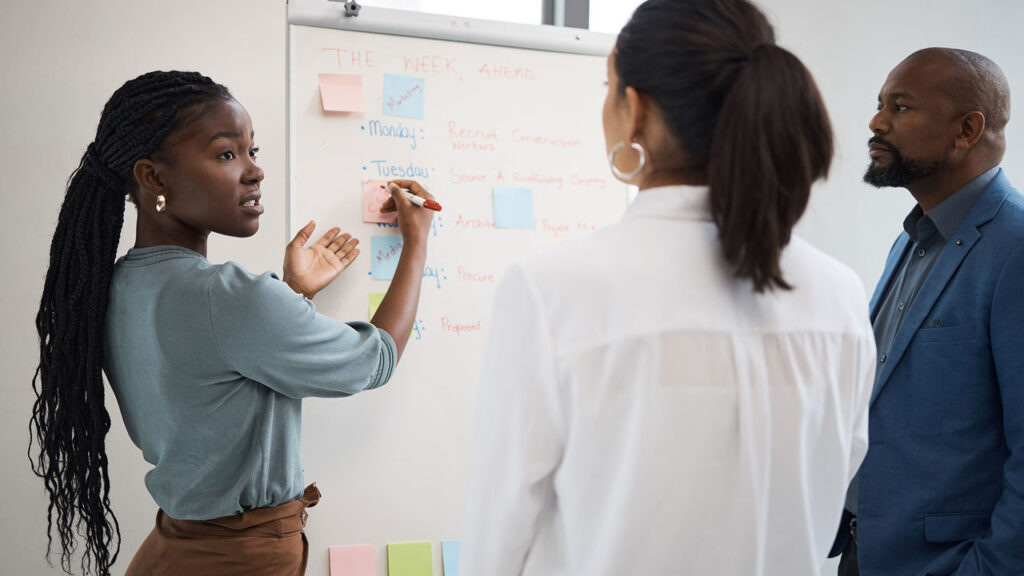 Employees around whiteboard working on agile project