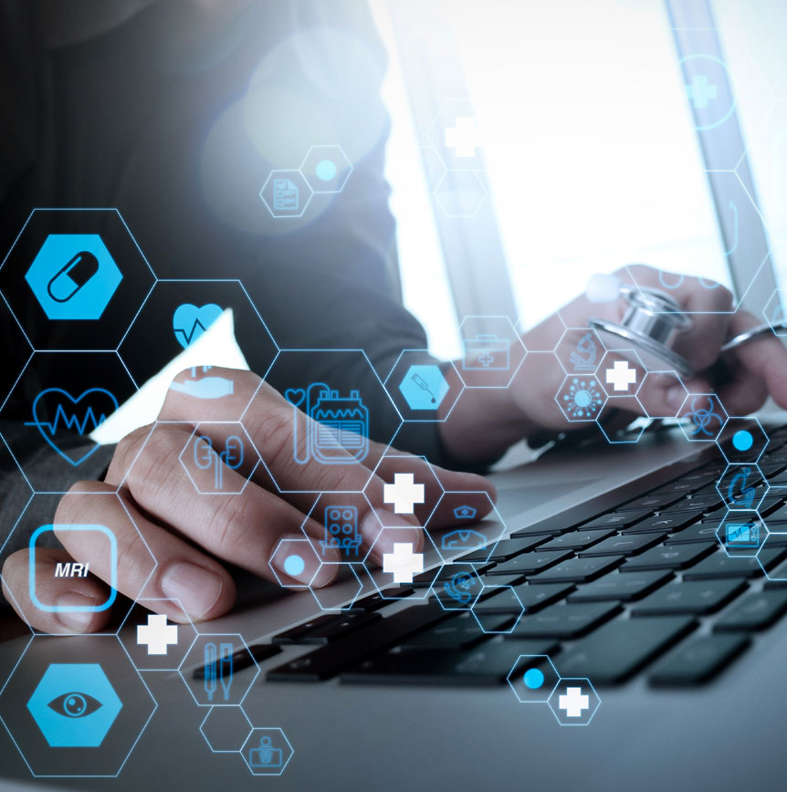 Person typing on a laptop while holding a stethoscope, surrounded by hexagonal icons representing healthcare and cybersecurity—illustrating the integration of technology to enhance cyber defenses.