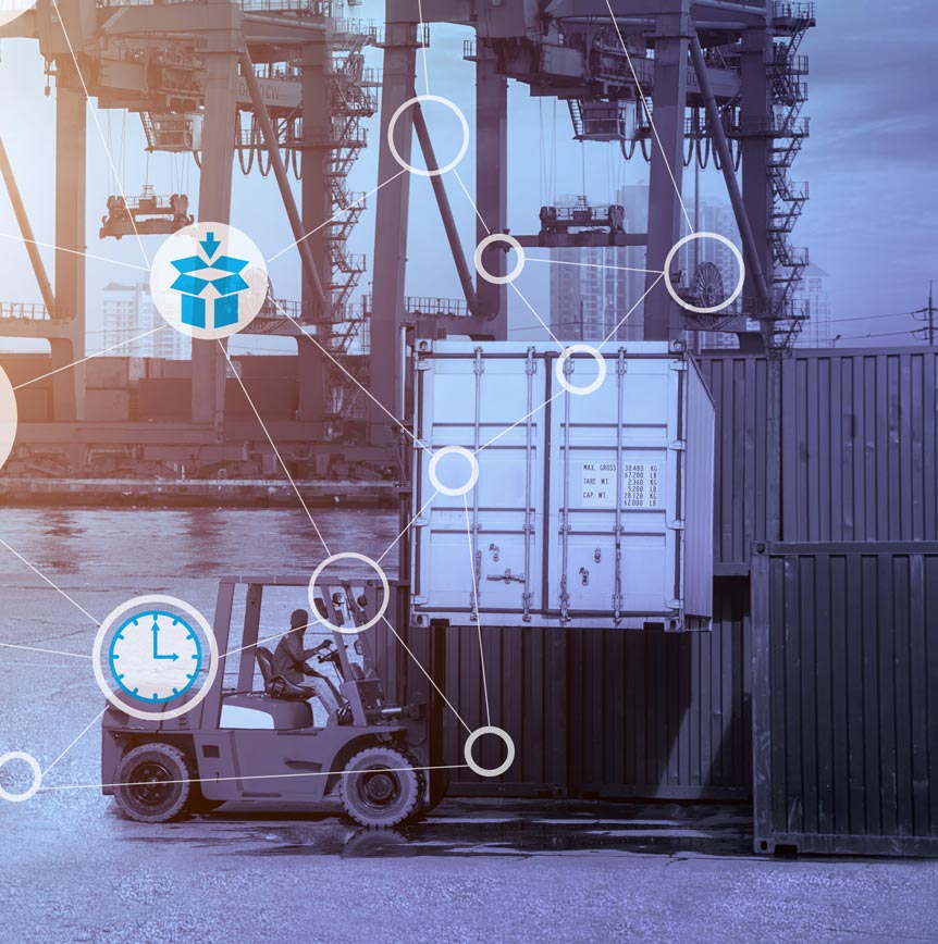 Forklift operator moving a shipping container in an industrial port, with logistics and time management icons overlayed