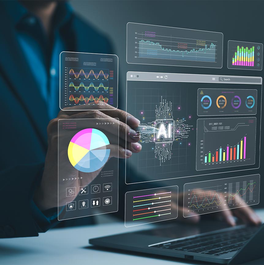 Healthcare professional using a laptop with holographic AI-driven data visualizations, illustrating digital transformation in healthcare IT