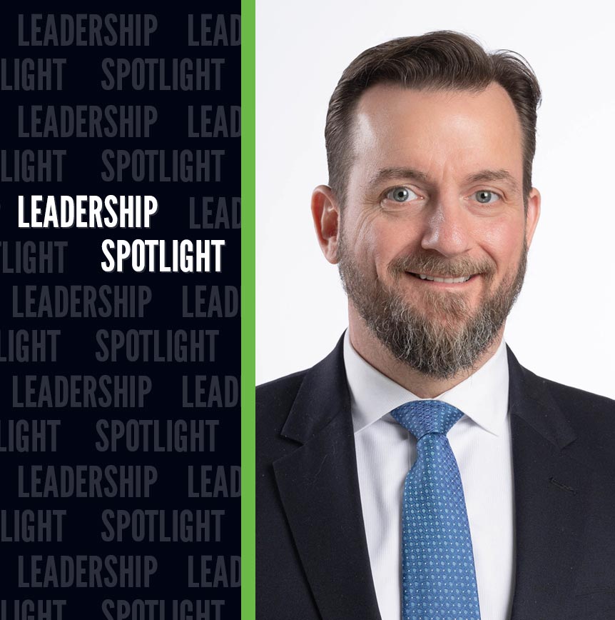 Leadership Spotlight graphic for Christopher Nutter, Program Director at RELI Group, beside bold 'LEADERSHIP SPOTLIGHT' text on a dark background.