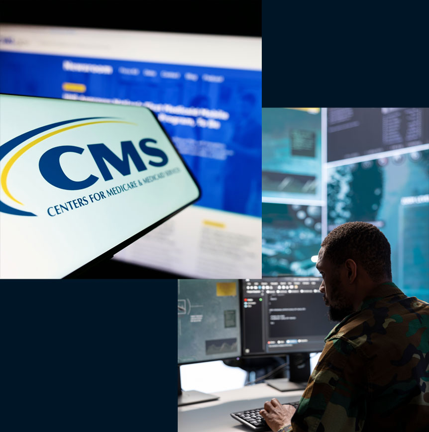 CMS logo and cyber security worker