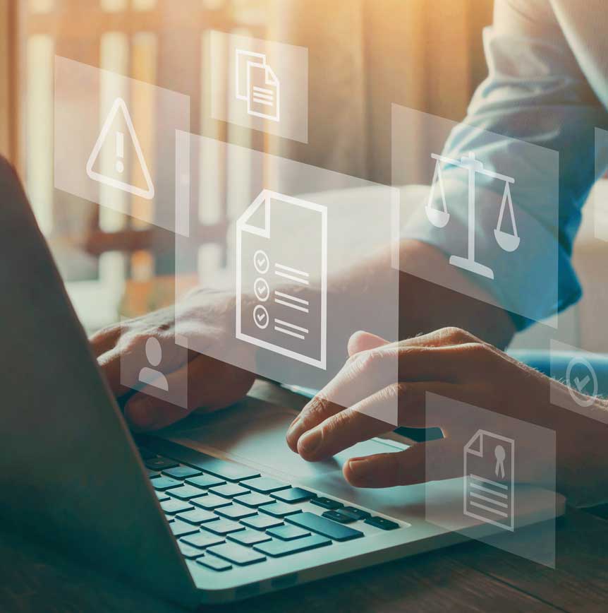 Laptop with scale, document and alert graphics
