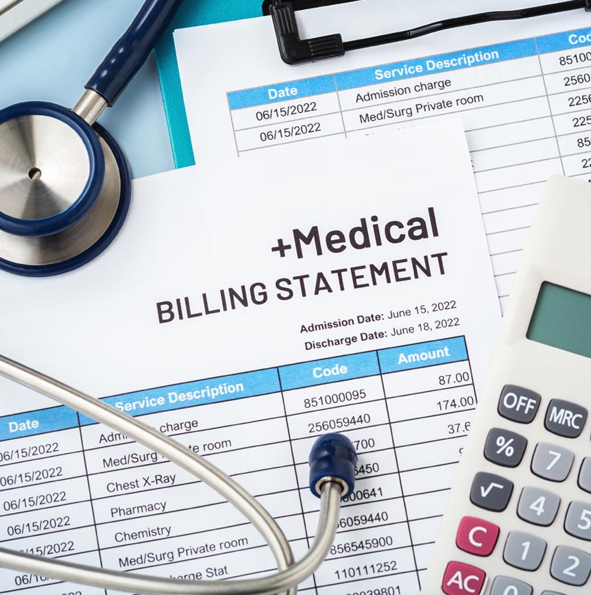 Medical billing statement with stethoscope and calculator