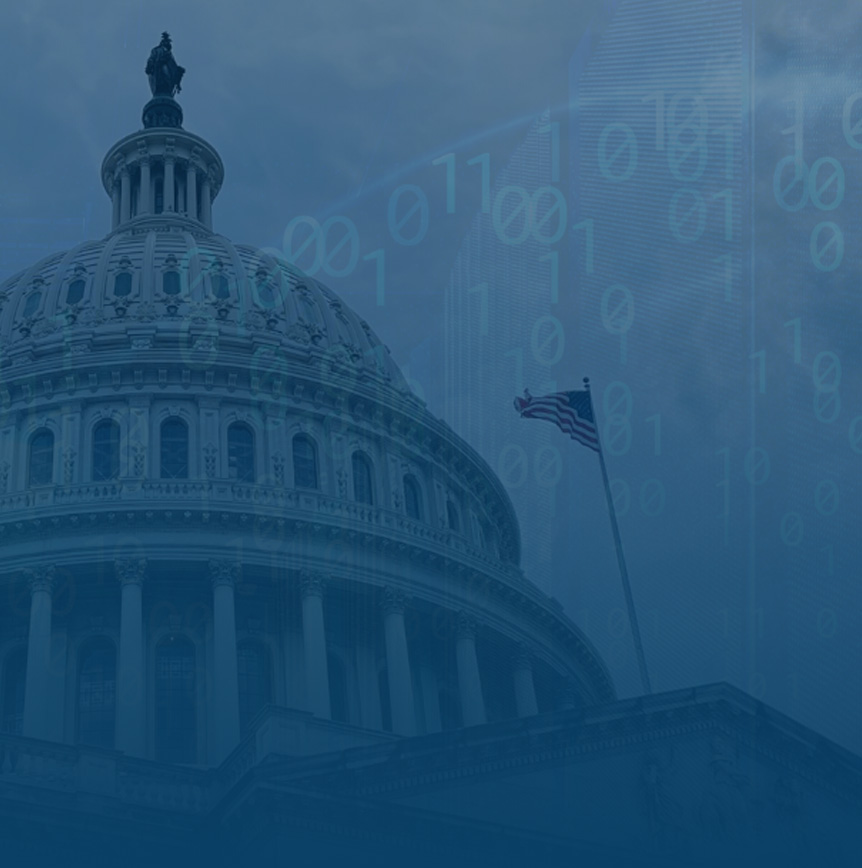 United States Capitol building with American flag and binary code overlay in the sky, symbolizing government and program integrity.