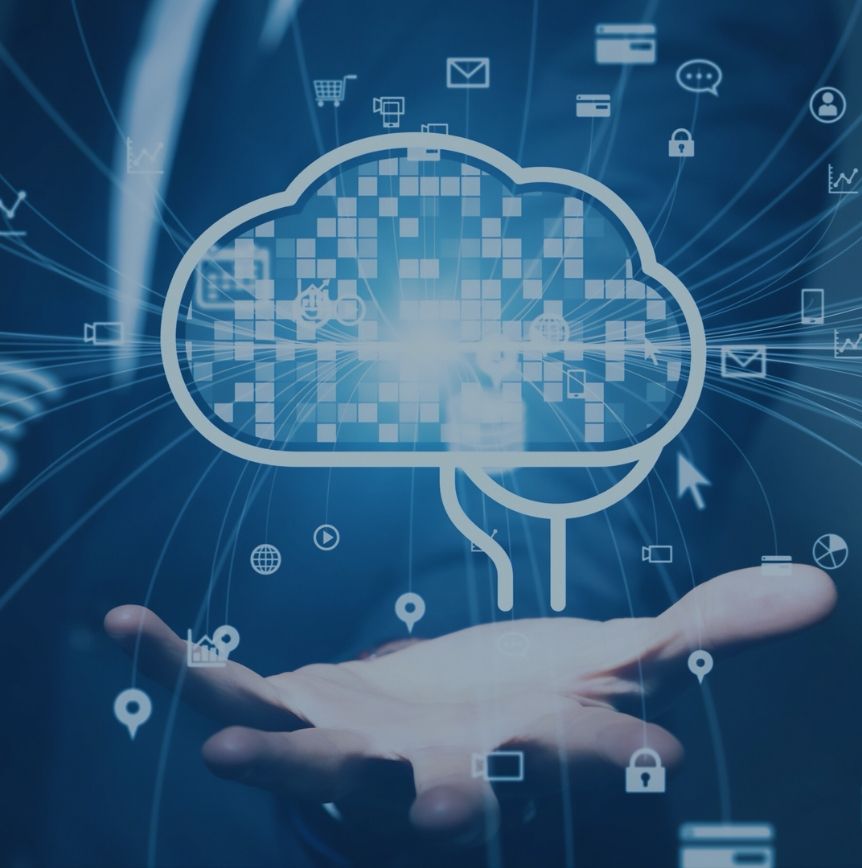 Hand holding a digital brain hologram surrounded by icons for AI, data processing, and connectivity on a blue tech background