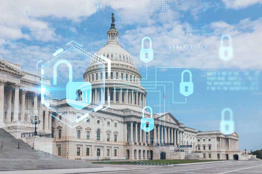 U.S. Capitol building with digital padlock icons symbolizing cybersecurity for government infrastructure