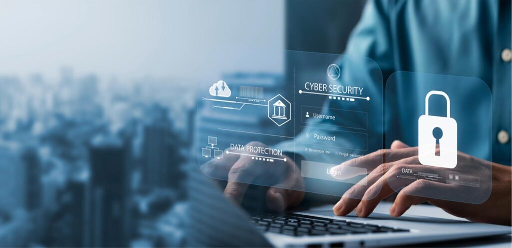 Person typing on a laptop with projected cybersecurity icons including padlock, data protection, and login icons, with a blurred cityscape in the background