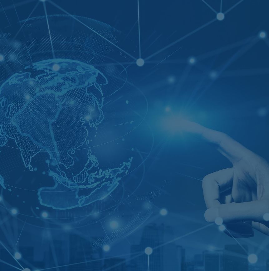 Finger pointing to digital representation of Earth with interconnected lines and nodes symbolizing global connectivity
