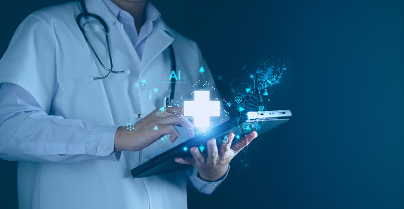 Doctor in white coat using a tablet with healthcare icons floating above the screen