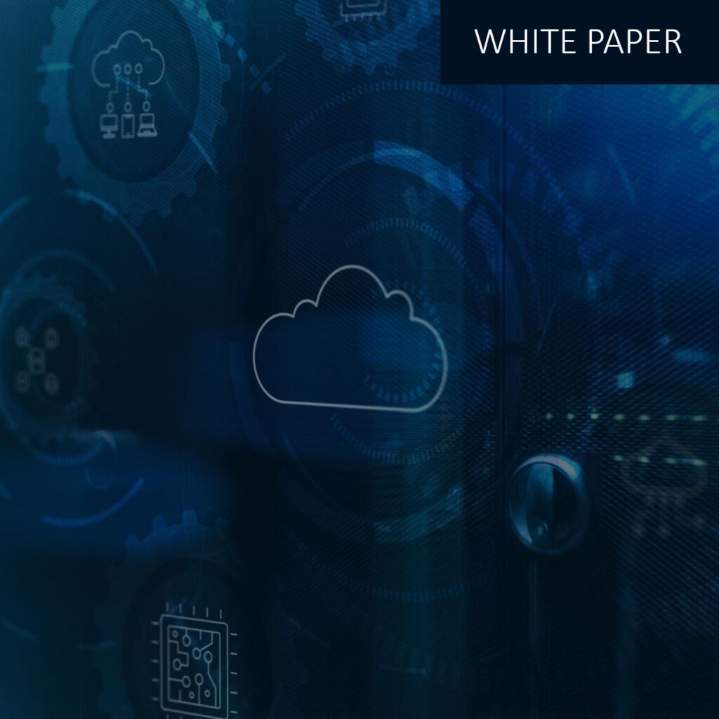 White cloud outline on dark blue tech background with gears, cloud icons, and 'WHITE PAPER' label in top right.