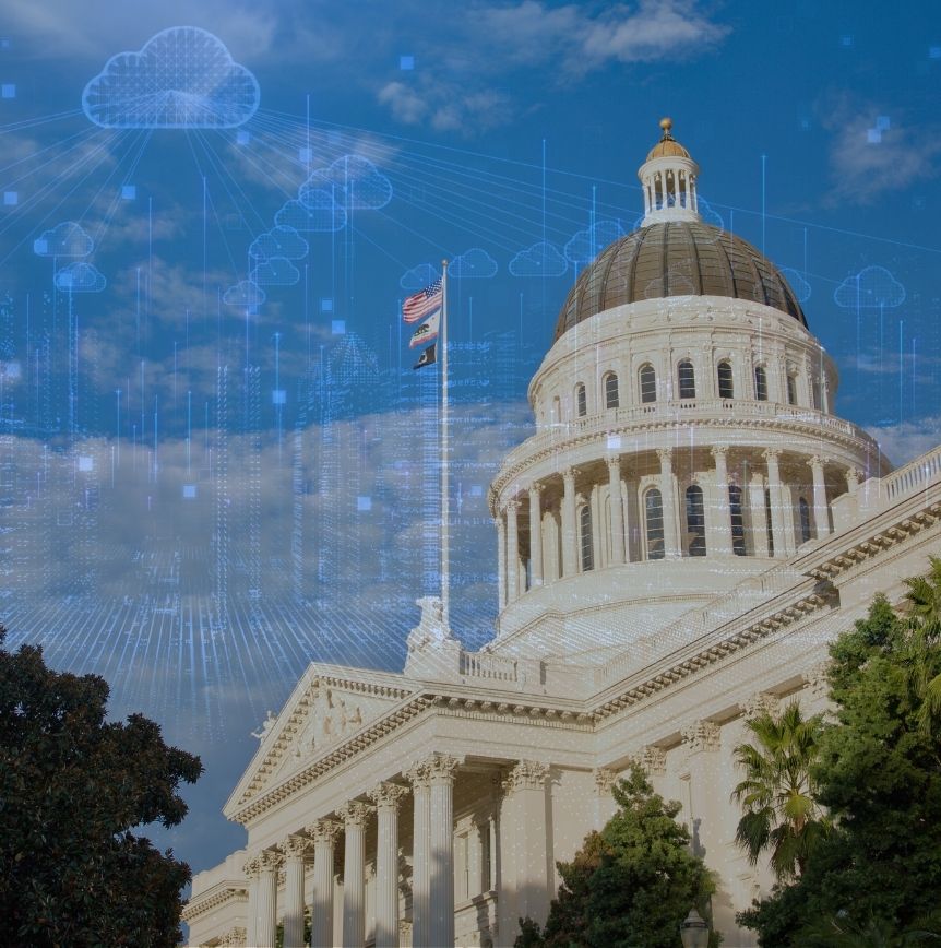 Government building with dome under blue sky, overlaid with cloud icons and network lines symbolizing AI integration.