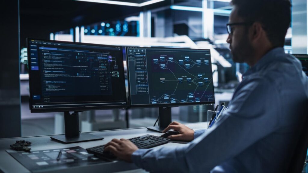 Engineer working at a desk with dual monitors displaying complex data and AI algorithms in a modern office, highlighting human-in-the-loop collaboration with artificial intelligence.