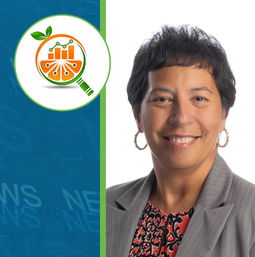 Juanita Wilson with OrangeSlices logo and News background