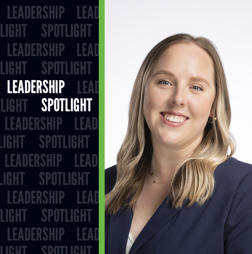 Stephanie Ellis, Marketing & Communications Director next to background with text Leadership Spotlight