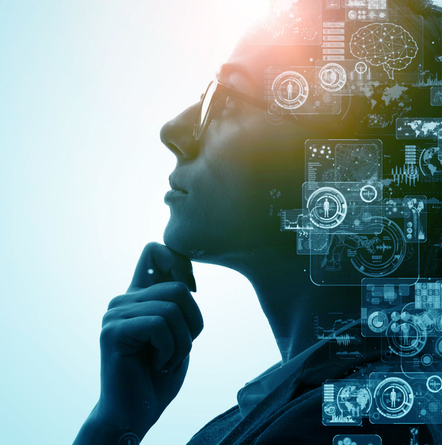 Profile of a thoughtful person with digital overlays of data and brain graphics, symbolizing AI innovation, mission-driven technology, and human-centered design.