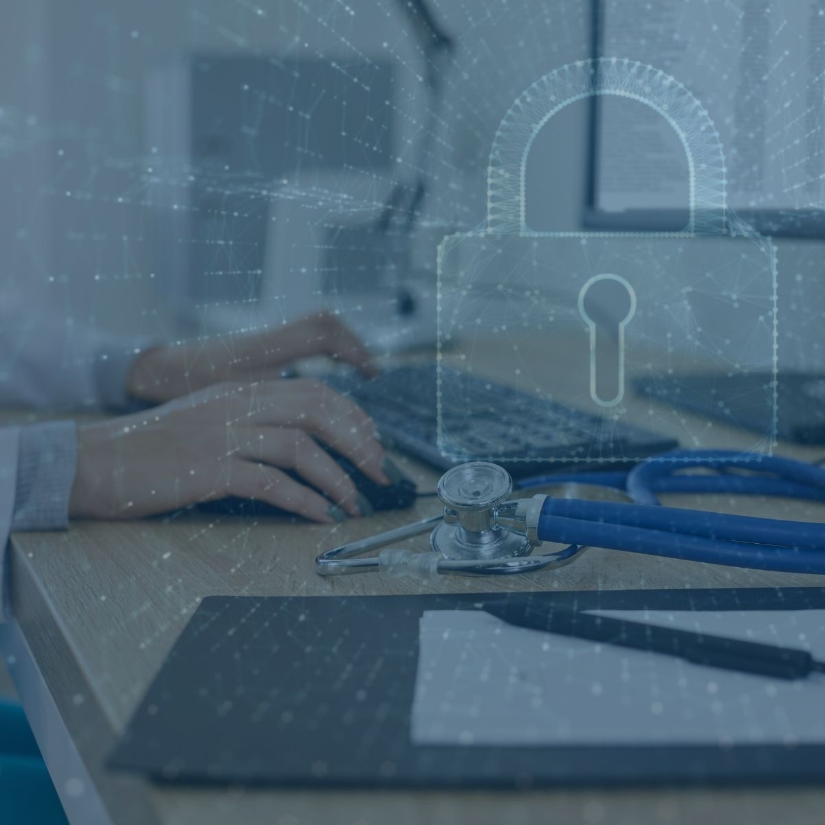 Person typing near stethoscope and clipboard, with digital padlock overlay symbolizing data security in healthcare.