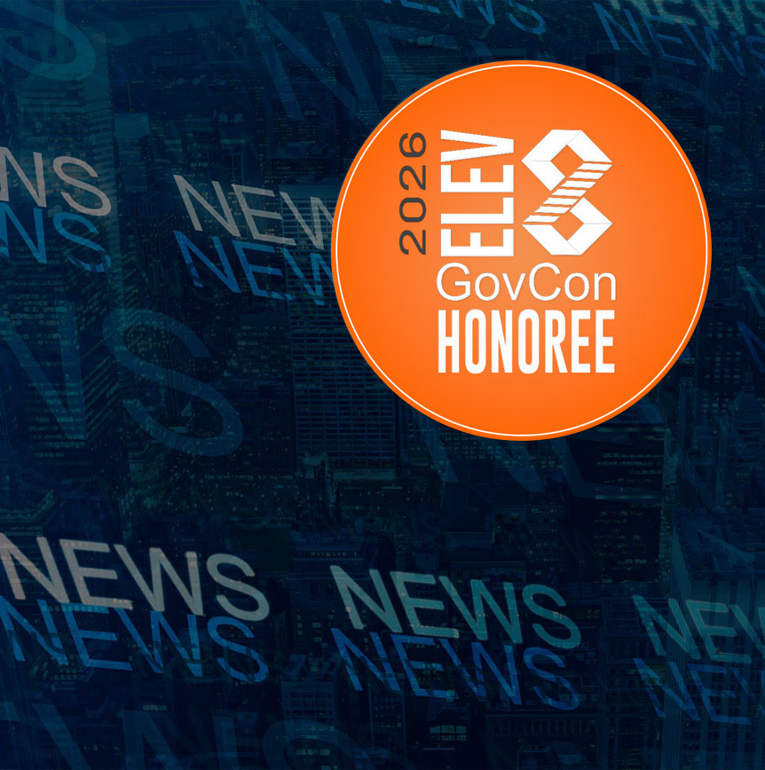 Orange 2026 ELEV GovCon Honoree badge on dark blue background with repeated NEWS text.