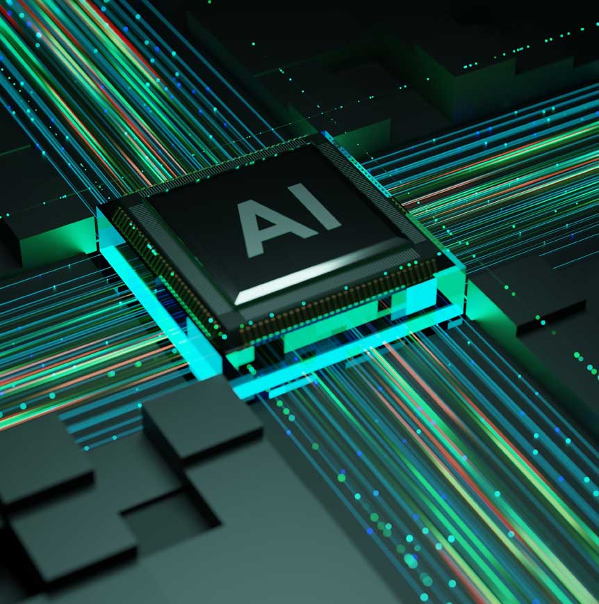 Close-up of a black microchip labeled ‘AI’ on a circuit board, with glowing green and blue lines representing data flow.