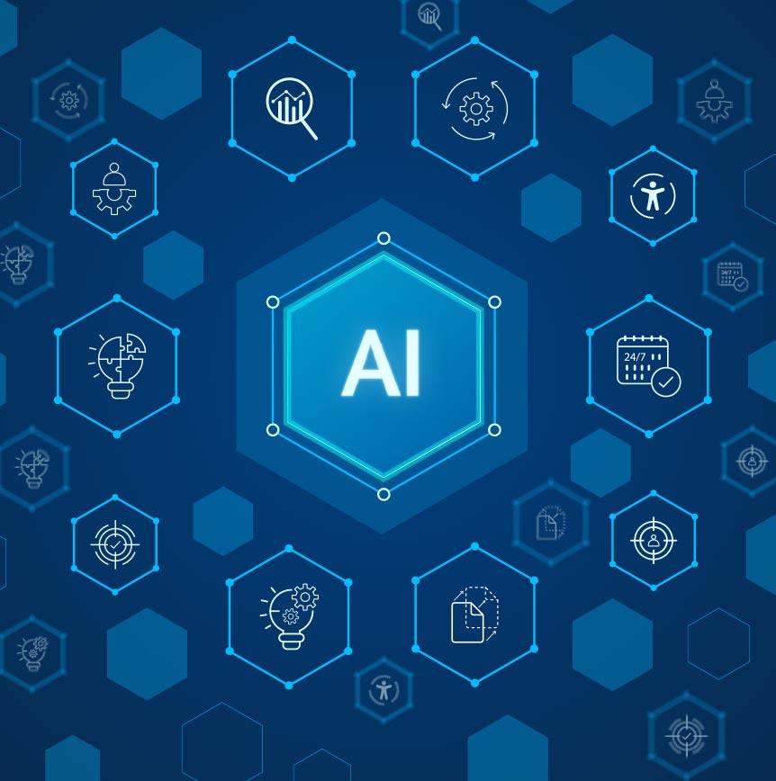 Illustration of artificial intelligence concepts with a central AI icon surrounded by technology and data-related symbols, representing innovation and smart automation.