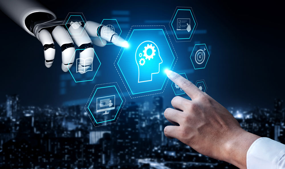 Human hand and robotic hand pointing at glowing AI brain icon with technology symbols over a cityscape background.