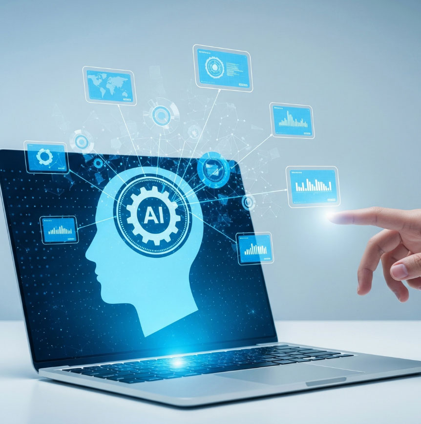 Laptop with AI graphic and icons with hand pointing at screen
