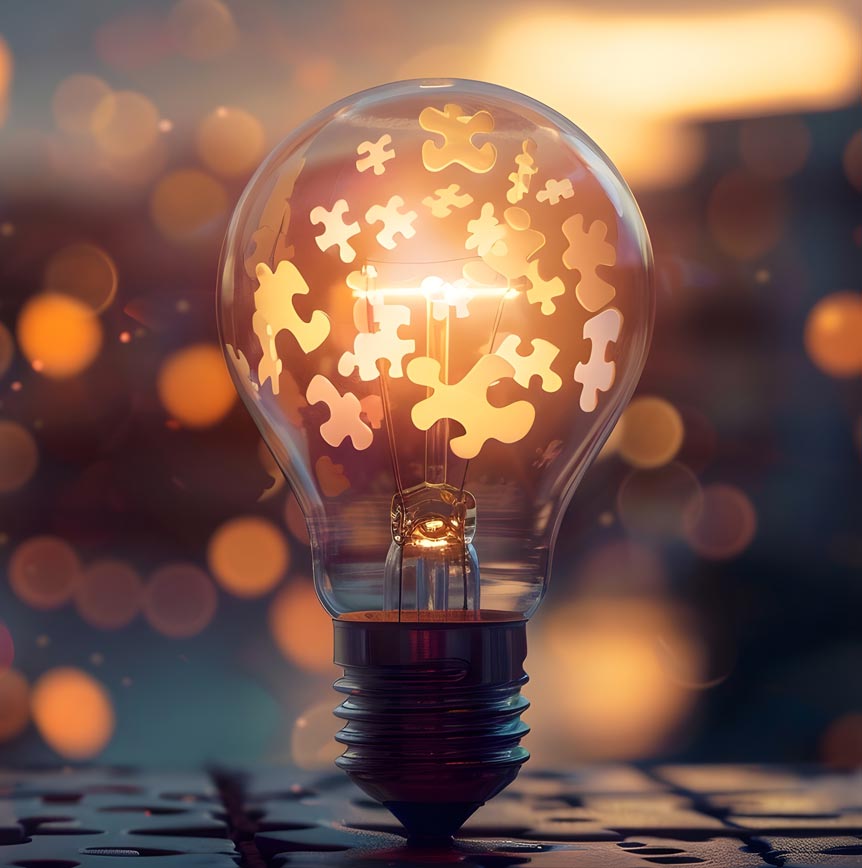 Light bulb sitting on puzzle pieces