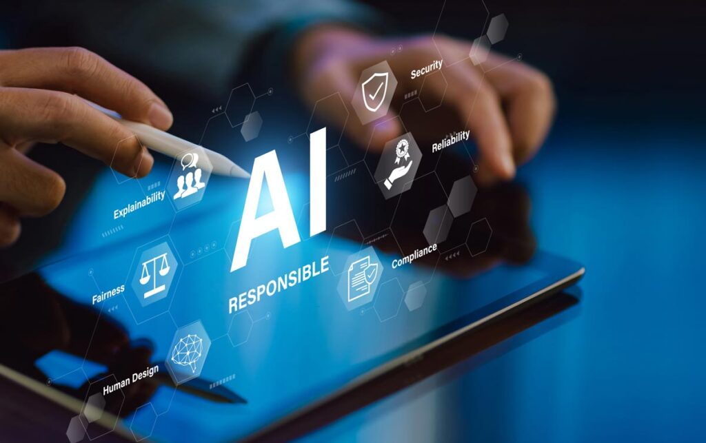 AI with tablet and icons referencing human design, compliance, etc.