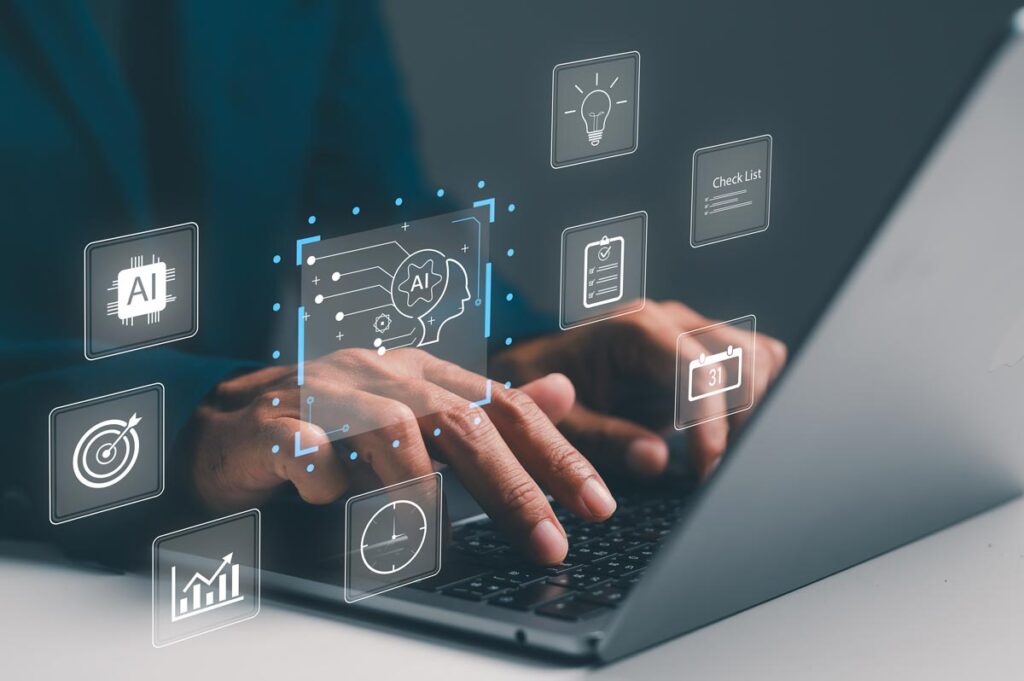 Person typing on a laptop with floating AI-related icons, including a brain graphic, lightbulb, checklist, calendar, and analytics symbols, representing artificial intelligence and productivity tools.