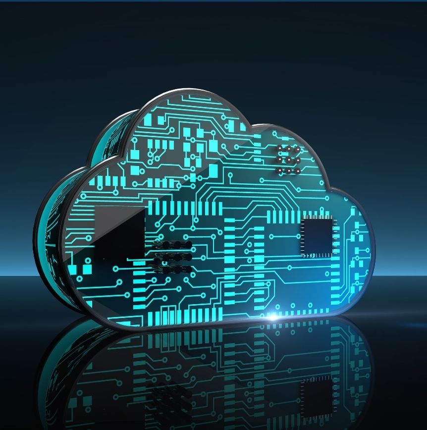 Digital cloud with circuit board patterns representing modernization in tech