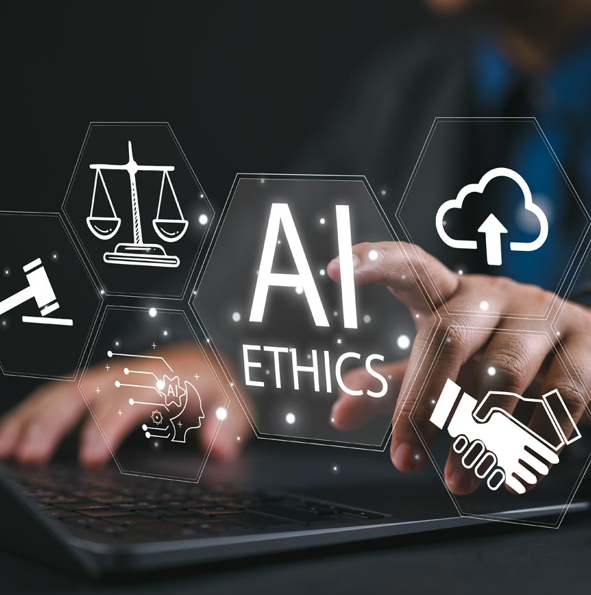A hand interacts with digital icons representing AI ethics, including symbols of justice, cloud storage, and collaboration over a laptop.