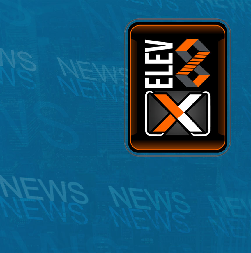 Elev8[X] GovCon finalist badge with bold black, orange, white, and gray geometric elements on a blue news‑themed background, representing RELI Group’s recognition as a 2026 Elev8[X] GovCon Finalist by OrangeSlices AI.