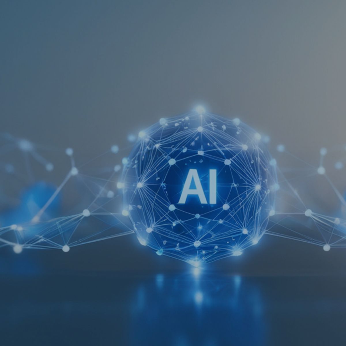 Glowing blue sphere labeled AI, formed by interconnected nodes and lines, representing agentic AI