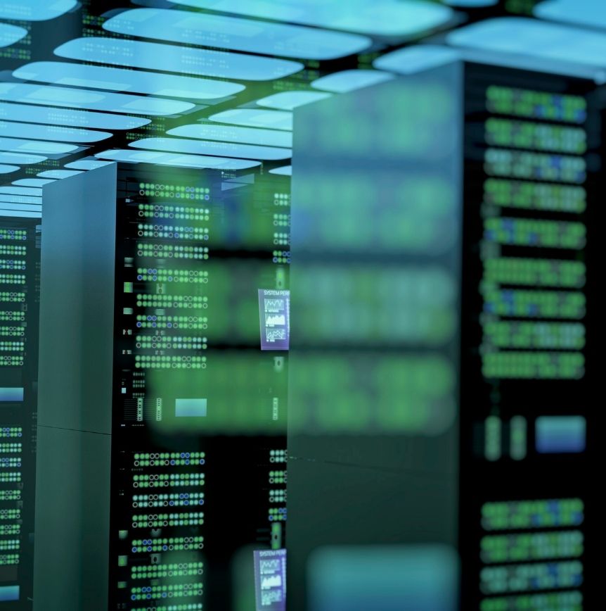Modern data center with illuminated server racks, representing AI-ready data infrastructure and advanced analytics.