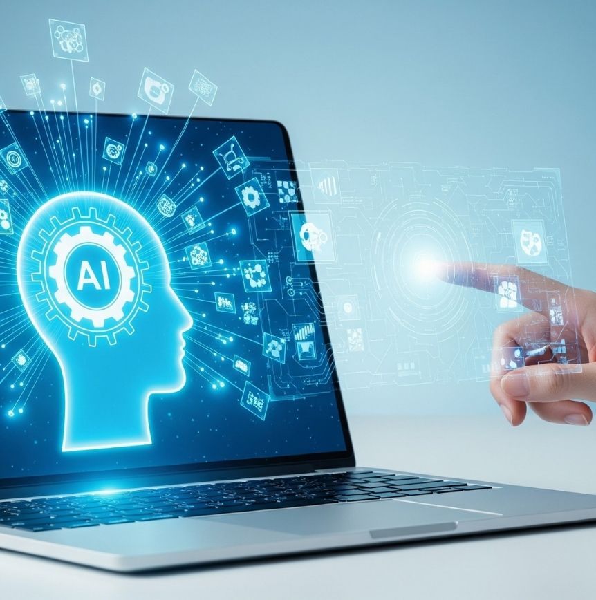 A laptop displaying a glowing blue silhouette of a human head with a gear labeled “AI” inside it, alongside a hand interacting with a digital interface that suggests selecting an AI provider.