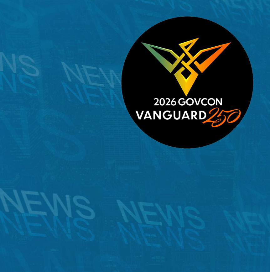 Graphic featuring a black circular badge with the Arctas Vanguard logo and the text ‘2026 GovCon Vanguard 250’ in orange and white, set against a blue background with subtle ‘NEWS’ text.