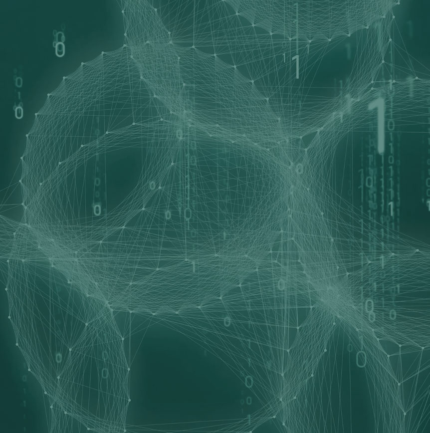 Abstract green digital network with interconnected lines and nodes overlaid with faint binary code