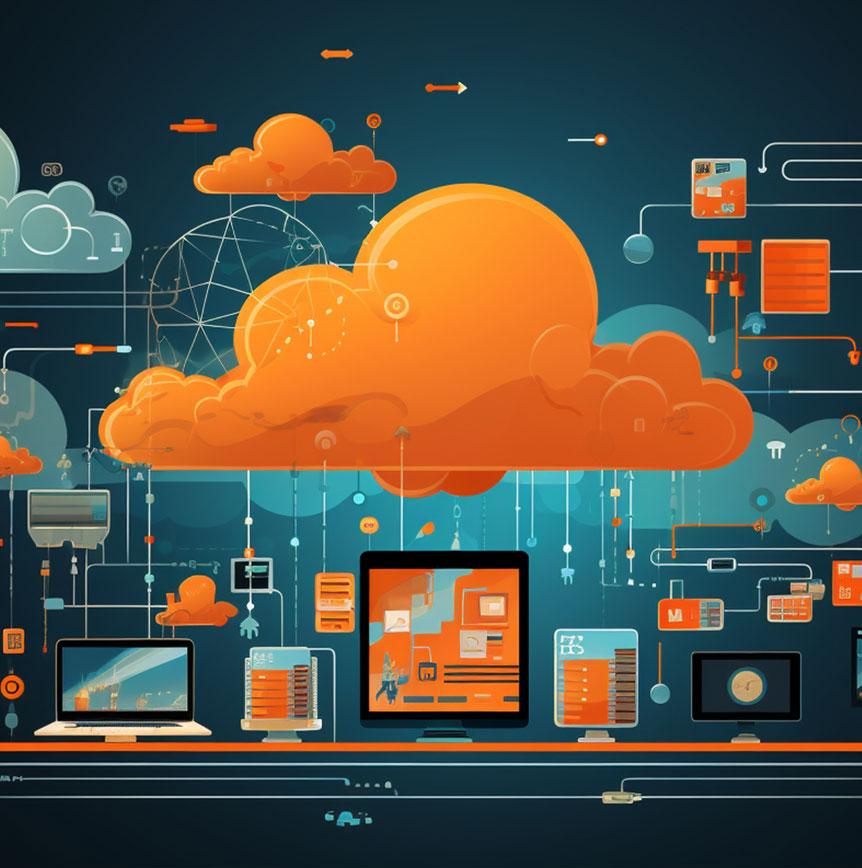 Illustration of cloud infrastructure with connected devices, servers, and data flows representing cloud computing and security architecture.