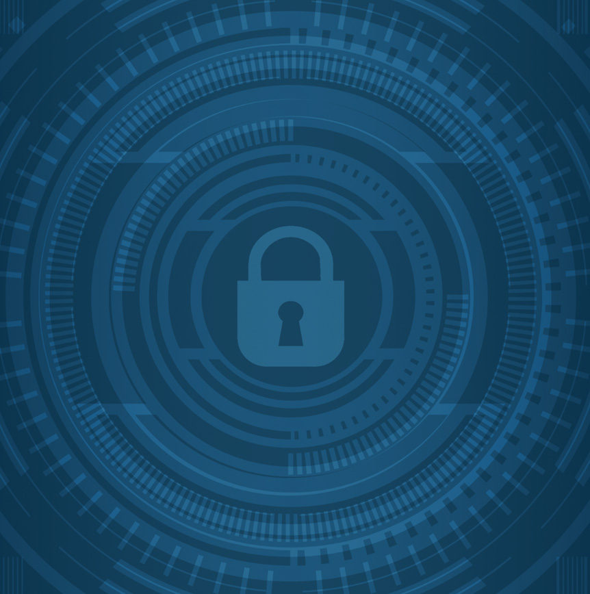 Blue digital background with a central padlock icon surrounded by circular data and interface patterns