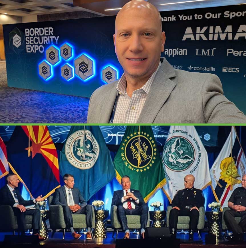 Collage from the Border Security Expo featuring a selfie in front of the event backdrop and a panel discussion on stage with agency flags including DHS, Border Patrol, and CBP.