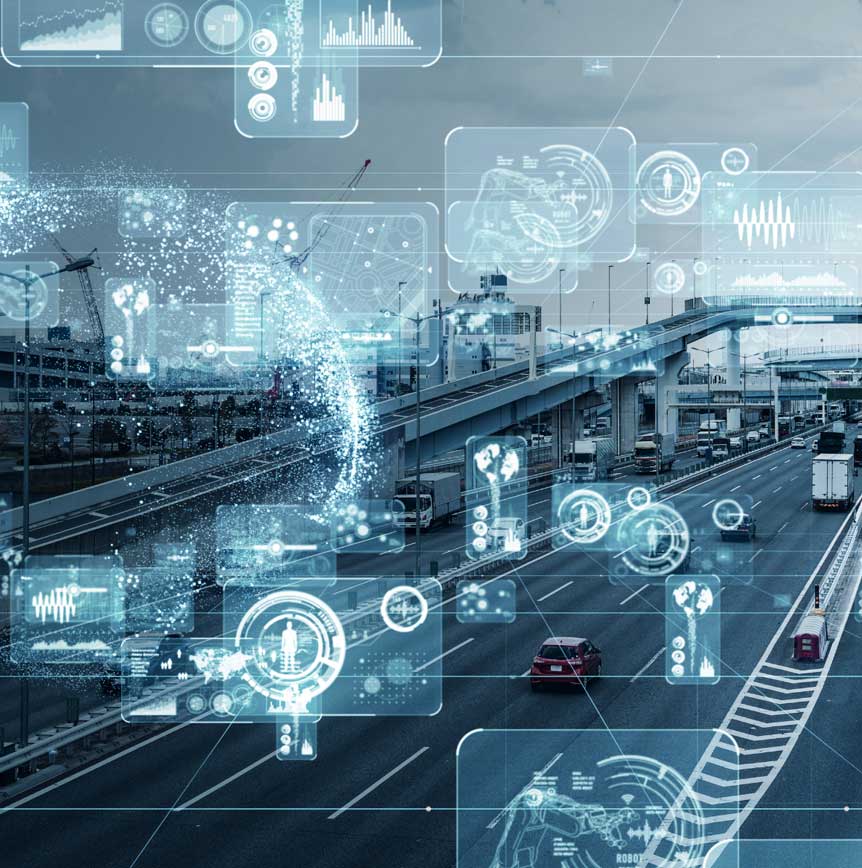 Highway interchange with cars and overlaid digital interface graphics, including data charts, icons, and network lines representing AI and data-driven digital transformation.