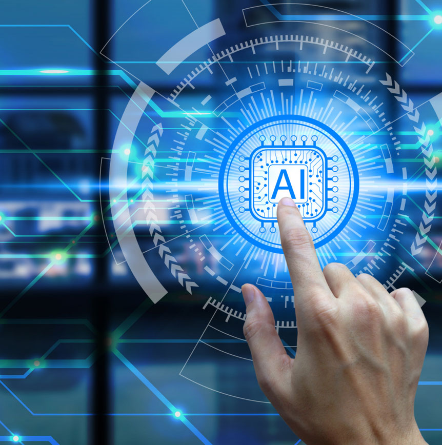 Finger pressing an AI microchip icon within a circular digital interface, with blue circuitry lines and a blurred technology background.