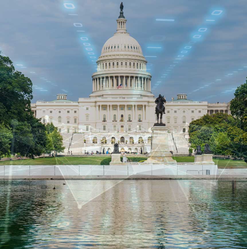 U.S. Capitol building and reflecting pool with overlay of digital data nodes and network lines representing government technology and AI transformation