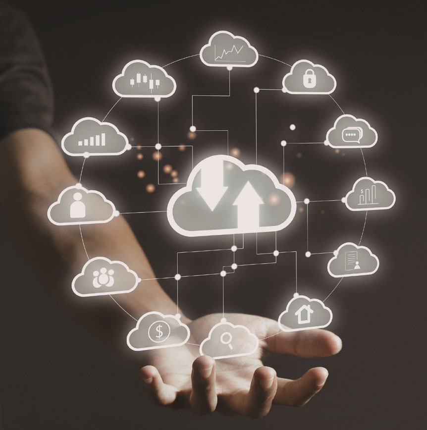 Hand holding a glowing cloud computing network with a central cloud and arrows, surrounded by connected icons for analytics, security, messaging, users, finance, and data across multiple clouds.