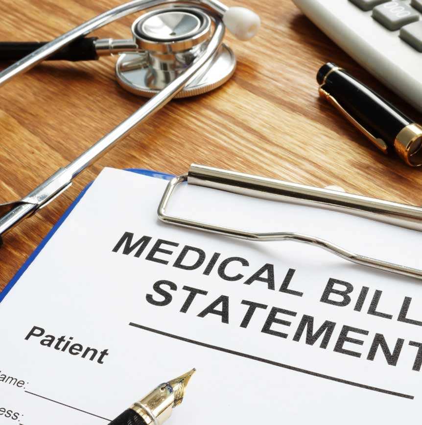 Medical bill statement form on a clipboard with stethoscope, pen, and calculator on a wooden desk; heading MEDICAL BILL STATEMENT and patient fields visible.