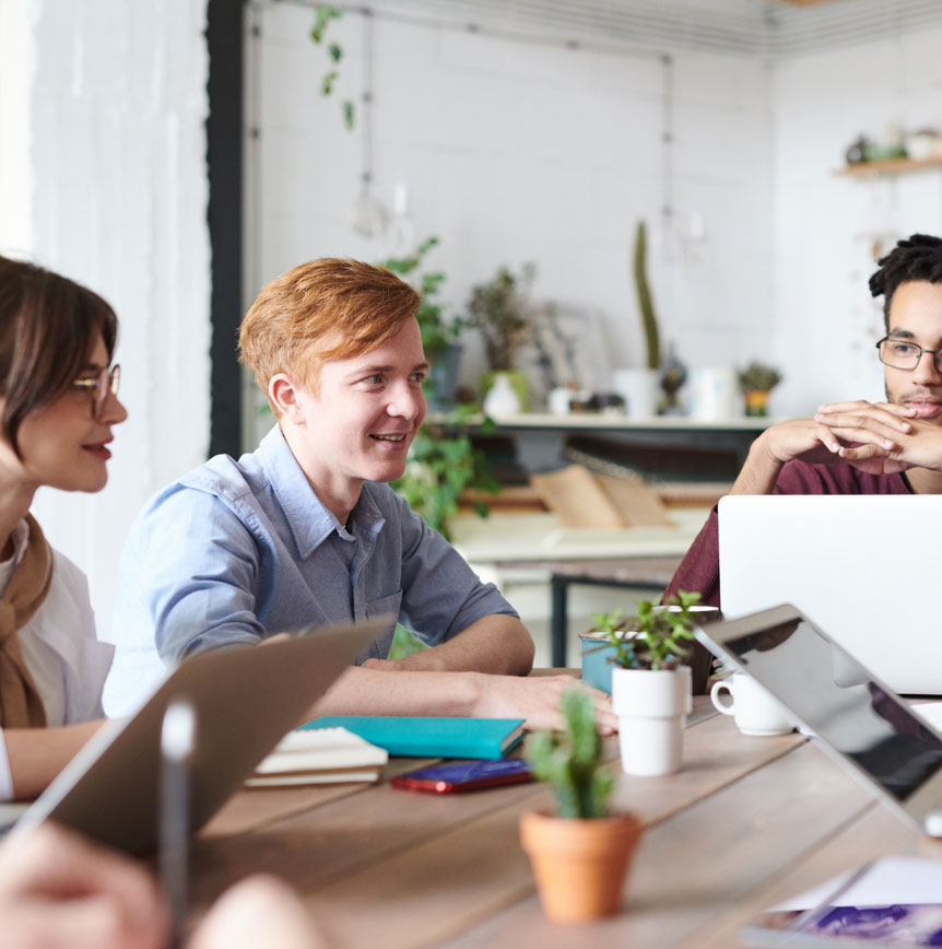 Group of interns collaborating at a table with laptops, notebooks, and potted plants in a bright workspace