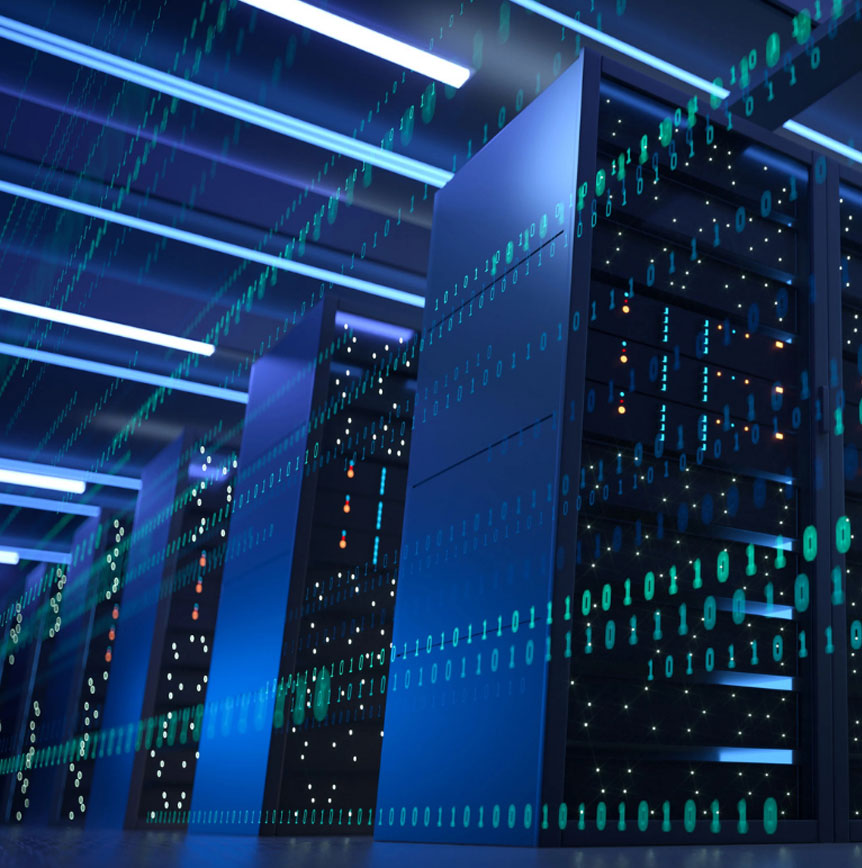 Data center server racks under blue lighting with rows of cabinets, overlaid by streams of binary code representing high-performance computing and data processing.