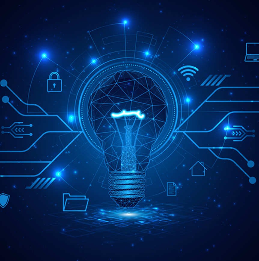 Digital innovation graphic featuring a connected light bulb, data networks, and technology icons representing RELI Labs and the Center of Excellence.