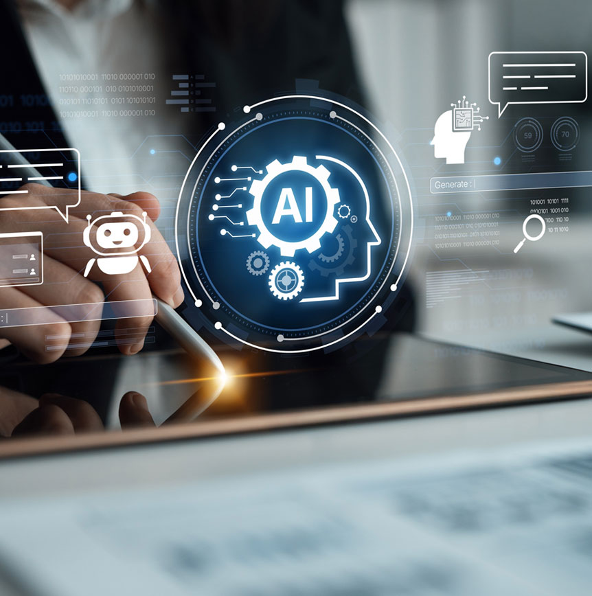 Hand using a tablet with AI interface overlays, including chatbot icons, data visualizations, and a central AI head graphic representing artificial intelligence and business automation.